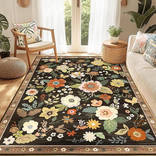 Floral 5x7 Area Rug Machine Washable Soft Print Boho Carpet Non Slip Doormat Low Pile Flower Area Rugs for Living Room Bedroom Nursery Kitchen Dining Room Indoor-Black/Yellow/Red
