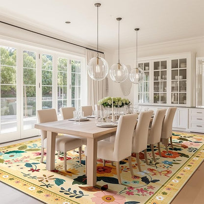 Floral 9x12 Area Rug Machine Washable Soft Print Boho Carpet Non Slip Doormat Low Pile Flower Area Rugs for Living Room Bedroom Nursery Kitchen Dining Room Indoor-Ivory/Yellow