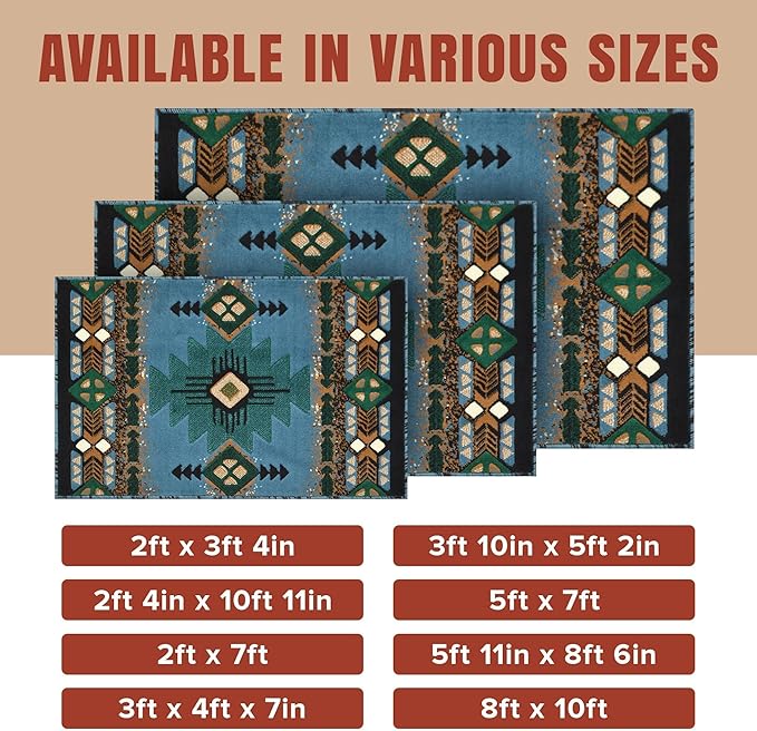 YHSF South West Native American Area Rug C318 - Easy Clean, Thick, Soft, Durable Native Tribal American Indian Inspired Rug for Bedroom/Living Room and More - Blue-Green, 2 ft 4 in x 10 ft 11 in