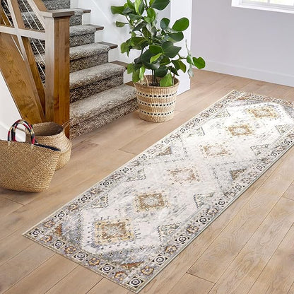 COMSLE Boho Runner Rug, 2x6 Washable Rugs for Hallway Faux Wool Small Throw Rug Distressed Kitchen Area Rug Non-Slip Laundry Room Rug Carpet Runner for Entryway Indoor Bedroom (Khaki)