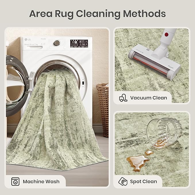 Valenrug Washable Rug 8x10 - Stain Resistant 8x10 Area Rugs for Living Room, Non Slip Backing Printed Rugs for Bedroom, Folable Machine Washable Area Rug(Green,8'x10')