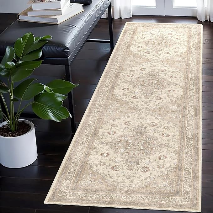 vivorug Runner Rug 2'x8' Vintage Floral Washable Non-Slip Runners for Hallways Kitchen Entryway Laundry Room Carpet Hallway Runner Beige