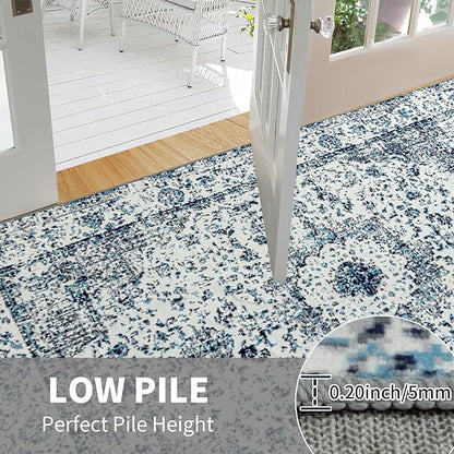 Easy-Going Boho Area Rug 3x5 Entryway Rug Washable Inside Door Mats for Home Entrance Non-Slip Vintage Small Rugs for Entry Living Room Bedroom Kitchen Bathroom Lightweight Carpet, Floral Blue Cream