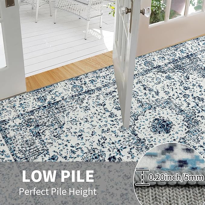 Easy-Going Area Rug 6x9 Washable Boho Rugs for Living Room Non-Slip Bedroom Rug Low Pile Lightweight Floral Print Vintage Throw Rug for Dining Room Kitchen Home Office Carpet, Blue Cream