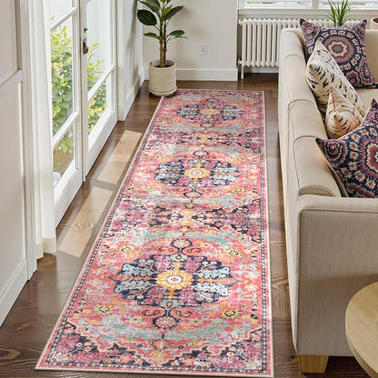 Lahome Boho 2'8"x10' Washable Hallway Kitchen Runner Rugs with Rubber Backing, Bohemian Non-Slip Soft Kitchen Runners, Non-Shedding Faux Wool Stair Carpet Runner for Hall Bathroom, Fuchsia/Multi