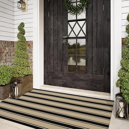 Striped Outdoor Rug 3'x5', Cotton Hand Woven Rug Front Door Mat,Washable Reversible Layered Door Mats, Foldable Front Porch Rug for Entryway/Home Entrance/Farmhouse(Black and Tan)