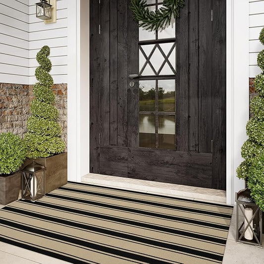 Striped Outdoor Rug 3'x5', Cotton Hand Woven Rug Front Door Mat,Washable Reversible Layered Door Mats, Foldable Front Porch Rug for Entryway/Home Entrance/Farmhouse(Black and Tan)