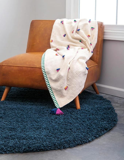 Unique Loom Solid Shag Collection Area Rug (4' 1" Round, Sapphire Blue/ Navy Blue)