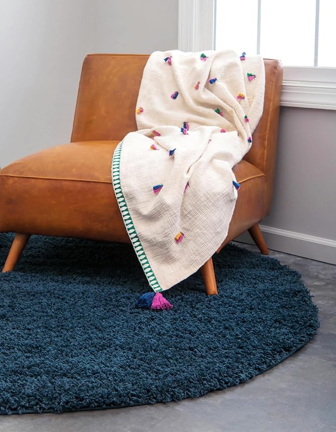 Unique Loom Solid Shag Collection Area Rug (7' 1" Round, Sapphire Blue/ Navy Blue)