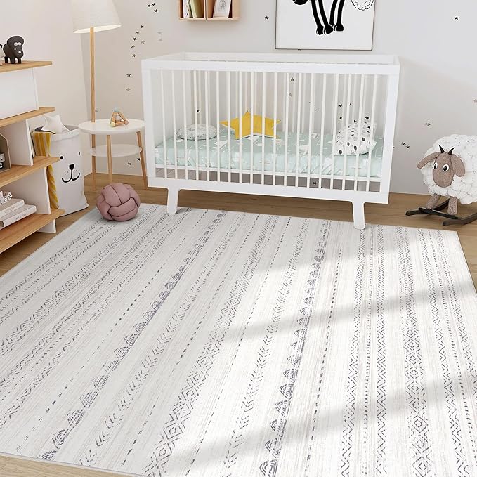 Nakagishi Area Rug Living Room Rugs: 4x6 Soft Machine Washable Boho Neutral Farmhouse Stain Resistant Moroccan Indoor Floor Carpet for Bedroom Nursery Kids Entryway Kitchen Entry Bedside Home- Gray