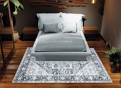 Bloom Rugs Caria Washable Non-Slip 5x7 Rug - Denim Blue Traditional Area Rug for Living Room, Bedroom, Dining Room, and Kitchen - Exact Size: 5' x 7'