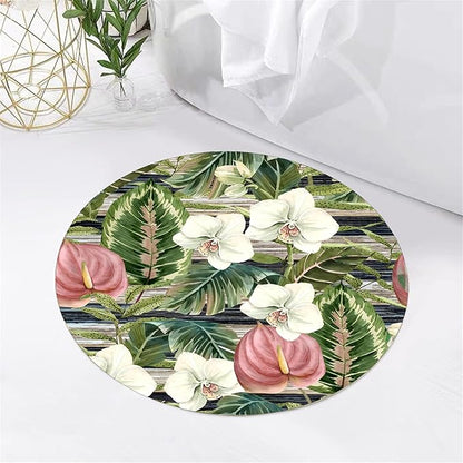 3ft Round Indoor Rug Non-Shedding Machine Washable，Low Pile Non-Slip Carpet with Tropical Floral Pattern，Soft Floor Mat for Living Room, Bedroom, Mudroom Easy Clean Home Decor
