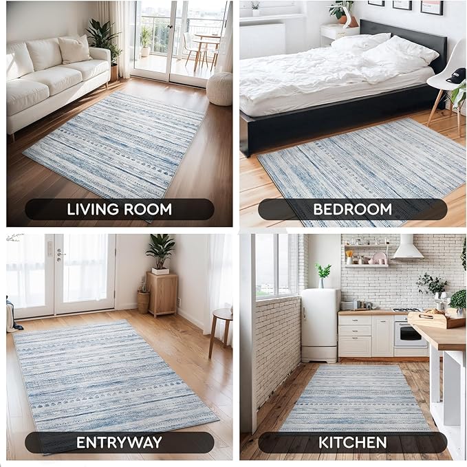 3x5 Area Rug Machine Washable Non Slip Rug Distressed Neutral Moroccan Boho Rug Ultra Soft Indoor Rugs for Bedroom Living Room Entryway Kitchen Foyer Bedside, Blue