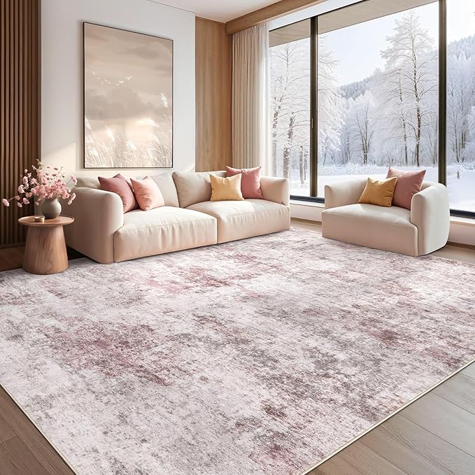 8x10 Area Rug Living Room Rugs - Washable Neutral Modern Abstract Soft Thin Large Rug Indoor Floor No Slip Rug Carpet for Bedroom Under Dining Table Home Office Decor - Pink