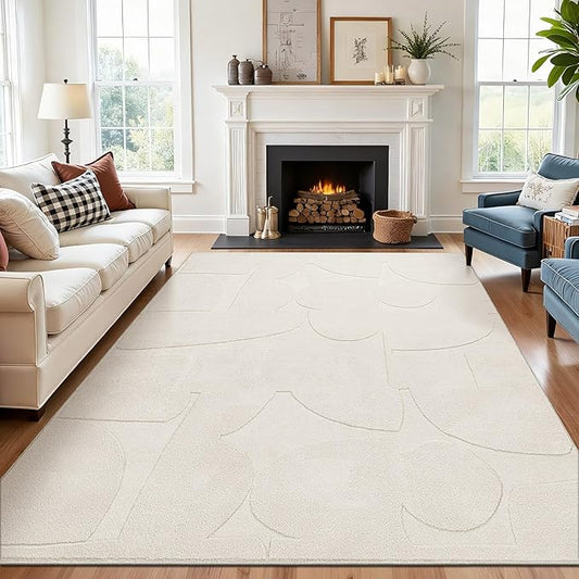 SHACOS Soft Cozy Fluffy Abstract Geometric High Low Pile Area Rugs 6'x9' Non Slip Washable Scandinavian Minimalist Rug Modern Carpet for Living Room Bedroom Dining Room, Cream