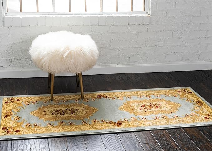 Rugs.com Chateau Collection Rug – 6 Ft Runner Light Blue Medium Rug Perfect for Hallways, Entryways