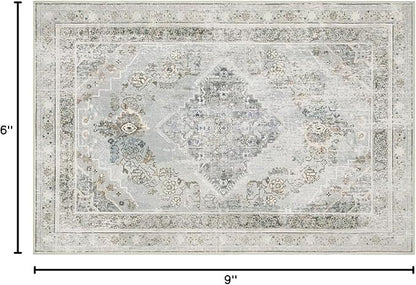 Phantoscope Washable Area Rug 6'x9' Non-Slip, Vintage Neutral Rugs for Living Room, Bedroom, Dining Room, Distressed Boho Medallion Pattern, Low-Pile Foldable Floor Carpet, Silver Grey/Taupe