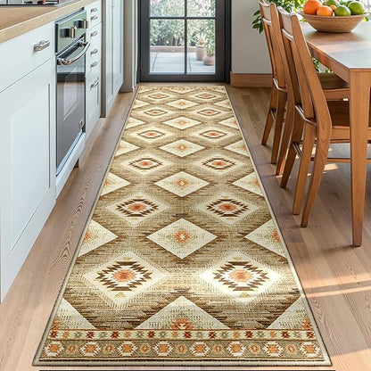 Area Rug 2x8 Rug Machine Washable Non-Slip Low Pile Print Pattern Western Rug for Living Room Bedroom Entryway Tribal Series -Cream/Camel