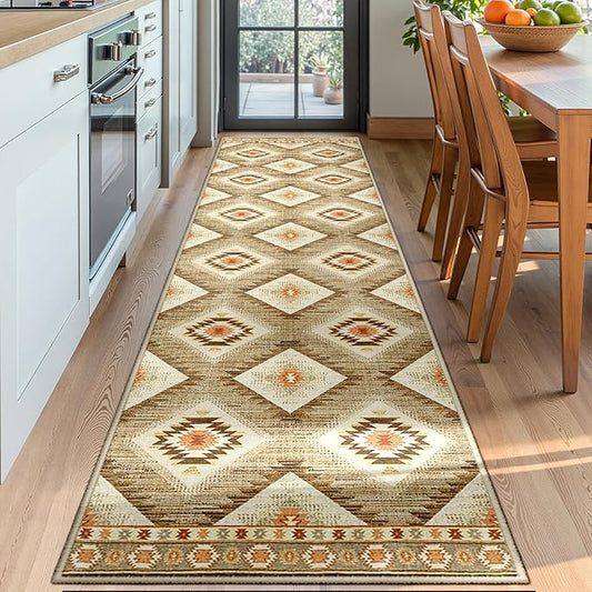 Area Rug 2x6 Rug Machine Washable Non-Slip Low Pile Print Pattern Western Rug for Living Room Bedroom Entryway Tribal Series -Cream/Camel