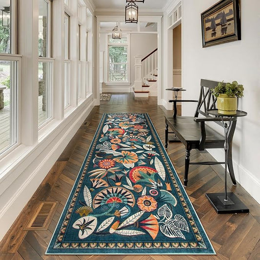 Boho Washable Green Bathroom Kitchen Runner Rug, 2x8 Egypt Hallway Entryway Rug Runner, Non Slip Botanical Floral Vintage Carpet for Entry Living Laundry Room (Dark Green, 2 x 8)