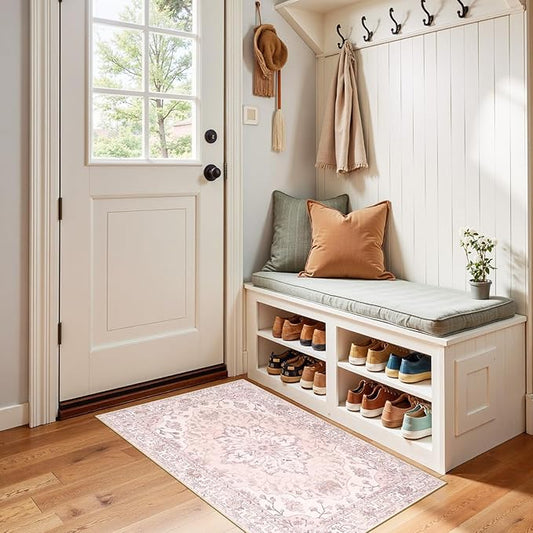 Area Rugs 2'x4' Washable Non-Slip, Floral Vintage Distress Print Pattern Medallion Carpet for Living Room Bedroom Dining Room, Pink Greypink Cute