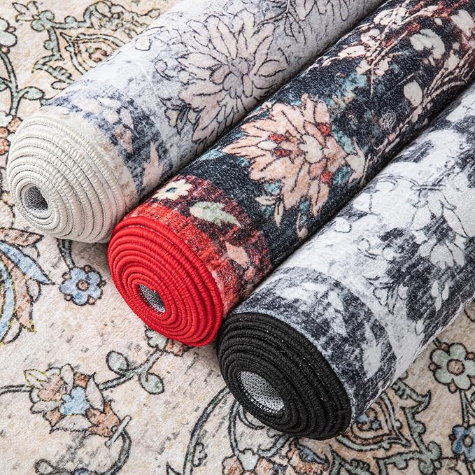 Area Rug for Living Room, 9x12 Machine Washable Non Slip Large Faux Wool Throw Rug, 0.3″ Low Pile & Non-Shedding Boho Large Carpet Rugs for for Dining Room, Bedroom, Office (Black Red)