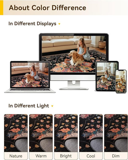Area Rugs 2'x10' Washable Non-Slip, Floral Vintage Distress Print Pattern Medallion Carpet for Living Room Bedroom Dining Room, Black Colorful Floral Dark Tan
