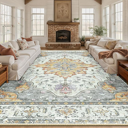 Area Rugs 10'x12' Washable Non-Slip, Floral Vintage Distress Print Pattern Medallion Carpet for Living Room Bedroom Dining Room, Light Yellow Carbon Grey Orange