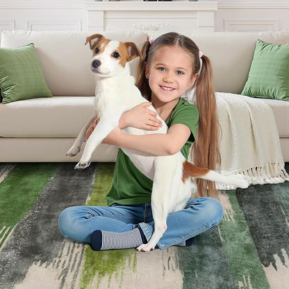 Ciicool 8ft Round Washable Rug, Modern Abstract Circle Rugs, Non-Slip Thin Lightweight Rug Green Circular Print Distressed Carpet for Bedroom Living Room Under Dining Table Home Office Decor