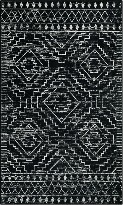 Wonnitar Moroccan 3x5 Rug, Black Washable Small Rug for Bedroom, Non-Slip Geometric Tribal Entry Throw Mat, Boho Farmhouse Rustic Soft Low Pile Area Rug for Bathroom Dining Guest Room (Black,3'x5')