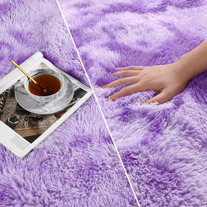 Soft Modern Shaggy Fluffy Carpets for Living Room Bedroom Girls Room Nursery Home Decor, 4 X 6 Tie-Dyed Plush Fuzzy Rugs, Indoor Carpet Shag Area Rug for Kids Room, Purple