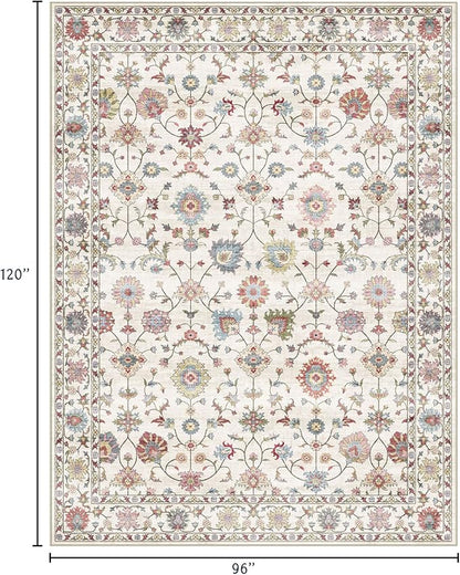 Washable Area Rug 8x10 - Large Cream Colorful Boho Rugs for Living Room Soft Vintage Bedroom Rug Ultra-Thin Traditional Floral Carpet Farmhouse Rug for Dining Room Guest Room Home Decor