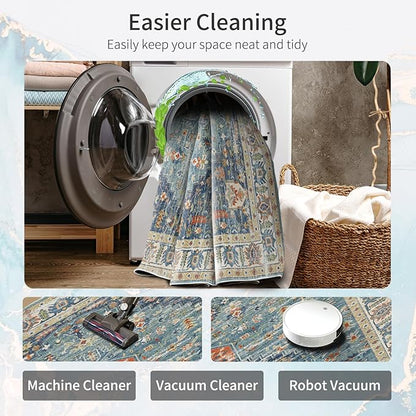 Enkor Area Soft Rugs 5x7 Washable Non Slip Boho Floor Rugs for Living Room Bedroom, Vintage Style Farmhouse Mat for Kitchen Entryway Green & Blue
