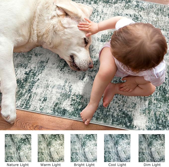 Modern Abstract Runner Rug 2x6, Grey Green Washable Kitchen Runner Non-Slip Soft Hallway Rug Runner Thin Print Faux Wool Carpet for Entryway Bedroom Laundry Room Indoor Home Decor