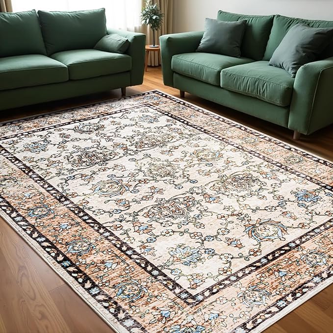 Area Rug for Living Room, 9x12 Machine Washable Non Slip Large Faux Wool Throw Rug, 0.3″ Low Pile & Non-Shedding Boho Large Carpet Rugs for for Dining Room, Bedroom, Office (Khaki)