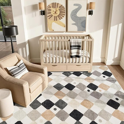 jinchan Macy Area Rug 6x9 Kids Washable Indoor Non-Slip Black and White Modern Soft Rug Elementary School Classroom Diamond Carpet for Nursery Playroom Daycare Bedroom Living Room Dorm Marble on Cream