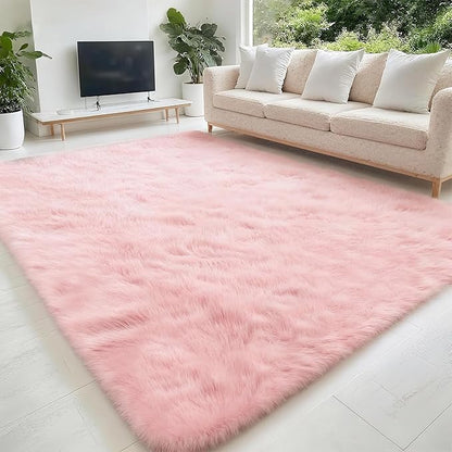 5x7 Solid Fluffy Pink Area Rug – Washable, Durable,Large Living Room Rug, Non-Slip High Pile Shag Rugs for Bedroom, Bedside, Dorms, Nursery Rooms, Kids Room, Soft Indoor Floor Carpet Decor