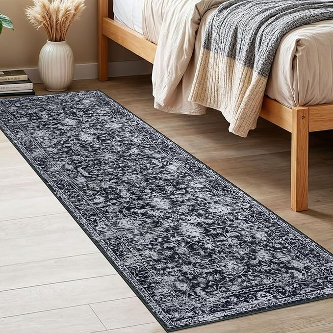KILOCOCO Washable Runner 2x6 Rug Runner Printed Vintage Floral Kitchen Runners Non-Slip Rubber Backed Runners for Hallways Distressed Thin Soft Rugs for Entryway Laundry Room, Black/Navy/White