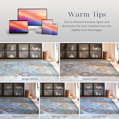 Phantoscope Washable Area Rug 6'x9' Non-Slip, Vintage Boho Rugs for Living Room, Bedroom, Dining Room, Distressed Moroccan Mosaic Diamond Pattern, Low-Pile Foldable Floor Carpet, Blue Teal/Neutral