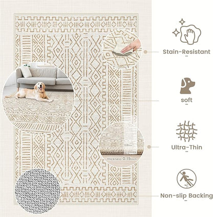 5x7 Area Rug Living Room: Washable Boho Geometric Moroccan Rug Neutral Modern Farmhouse Indoor Soft Non Slip Ultra Thin Printed Pattern Carpet for Dining Room Bedroom Nursery Home (BeigeBrown, 5'x7')