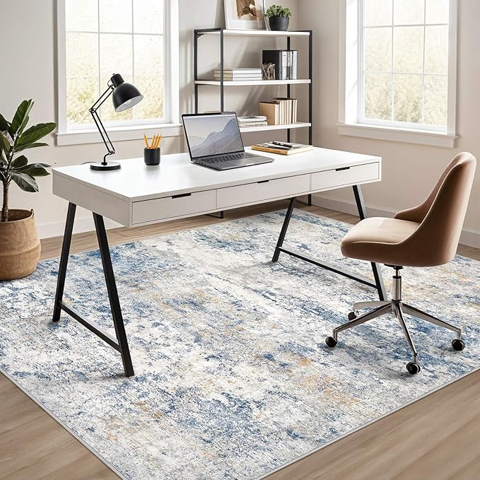 Area Rug Living Room Rugs - 10x12 Abstract Large Soft Indoor Washable Rug Neutral Modern Low Pile Carpet for Bedroom Dining Room Farmhouse Home Office - Blue