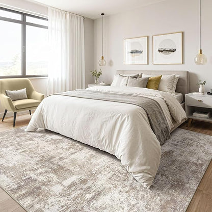 7x10 Area Rug Living Room: Washable Large Abstract Soft Rugs Stain Resistant Indoor Floor Non-Slip Accent Carpet for Women Modern Home Enthusiasts Aged- Bedroom Nursery Playroom- Beige Brown