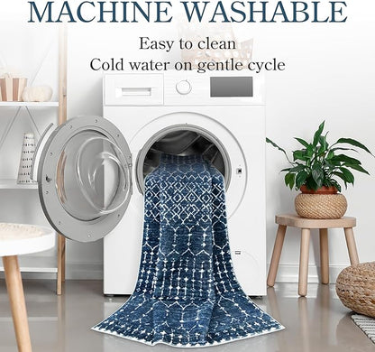 Lahome Moroccan Runner Rugs for Hallway 2x4 Bathroom Rugs Non-Slip Small Throw Kitchen Carpet Low-Pile Mat for Entryway Laundry Room Mat Geometric Indoor Carpert for Entrance Bath (Blue,2'x4')
