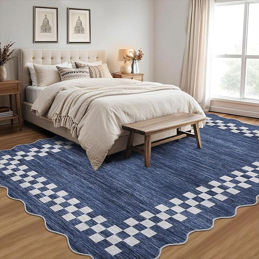 GarveeHome Scalloped Washable Rug 9x12 Area Rug for Living Room Modern Border Large Bedroom Throw Carpet with Rubber Backing Stain Resistant Boho Rug for Dining Room Home Decor Office, Blue