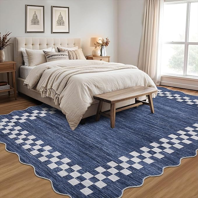 GarveeHome 10x13 Area Rug Large Living Room Scalloped Rug Non Slip Low Pile Bedroom Throw Carpet Soft Modern Bordered Dining Room Rug Stain Resistant Boho Carpet for Home Office, Blue
