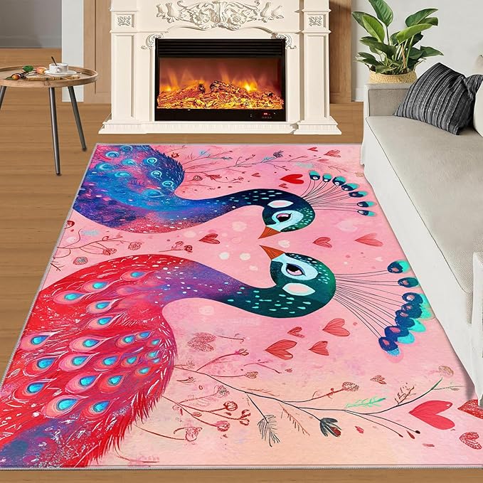 Cartoon Peacock Rug Small - 3x4 Rug, Colorful Peacock Washable Rugs for Living Room, Floral Botanical Carpet, Boho Non-Slip Area Rugs for Bedroom, Peafowl Carpet - Peafowl Home Decor & Gifts