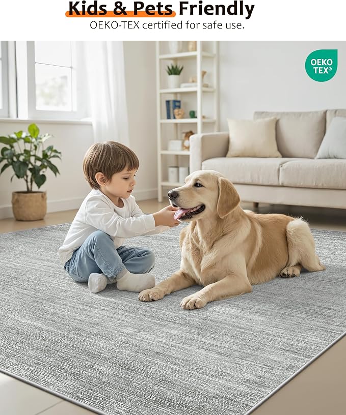 Art&Tuft Washable Rugs 6x9, Low Pile Area Rugs for Living Room - Non Slip and Stain Resistant Soft Thin 6x9 Rug for Bedroom, Dining Room, Kitchen, Office, Grey