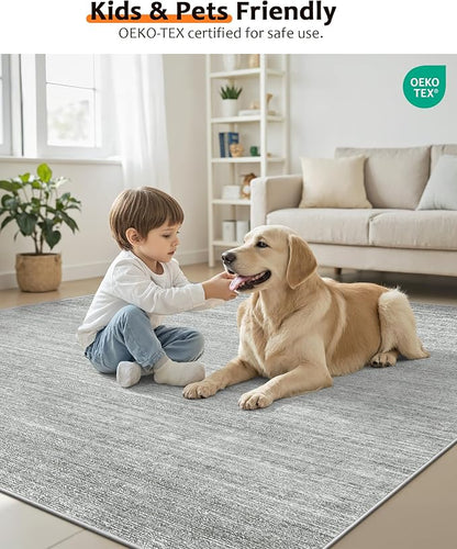 Art&Tuft Washable Rugs 6x9, Low Pile Area Rugs for Living Room - Non Slip and Stain Resistant Soft Thin 6x9 Rug for Bedroom, Dining Room, Kitchen, Office, Grey