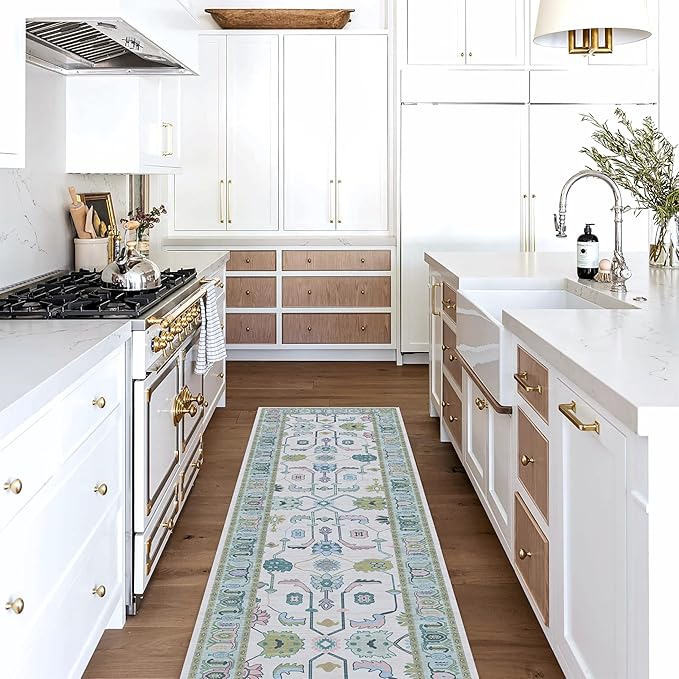 Fame Living Cream Green Oushak Rug, Modern Rugs, Vintage, Turkish, Eclectic, Floral, Pastel, Washable, Small Throw, Accent Area Rug for Living Room, Bedroom, Kitchen, Bathroom, 2'5"x4'9