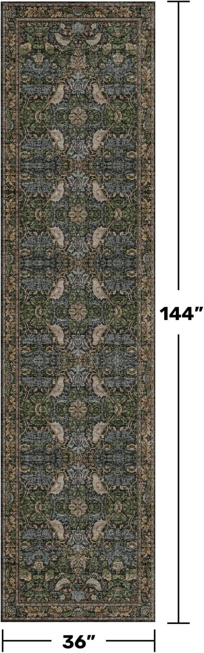 12ft Extra Long Vintage Runner Rugs for Hallways - 3x12 Wide Kitchen Runners, Entryway Rug, with Flowers and Leaves, Washable Non Slip Low Pile